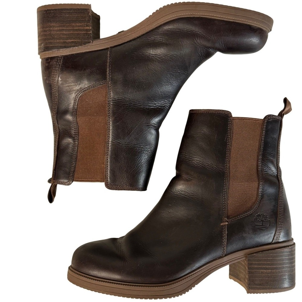 Timberland Womens 7.5 Brown Leather Chelsea Ankle Boots Block Heel ReBOTL Casual - Picture 3 of 10